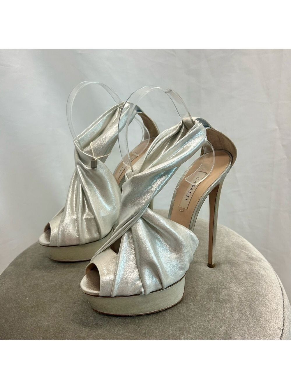 Casadei metallic silver fabric crossover platform stiletto high heels authentic